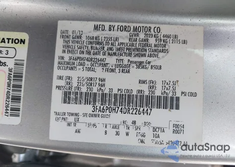 2013 Ford Fusion Se из США, поврежденный, VIN 3FA6P0H74DR226447